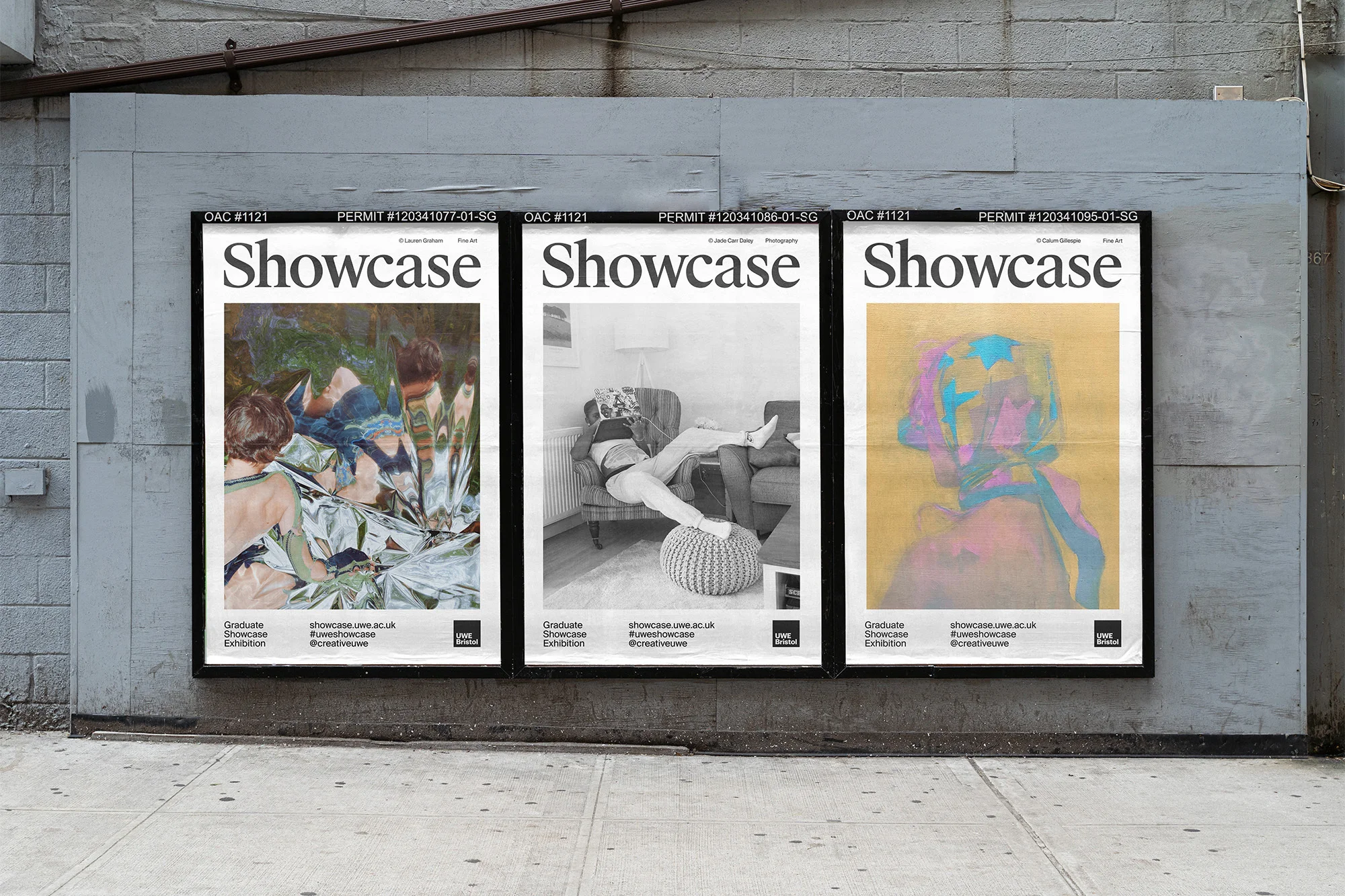 Three art posters displayed on a gray brick wall feature the word 'Showcase' in bold text above various artworks for a graduate exhibition.