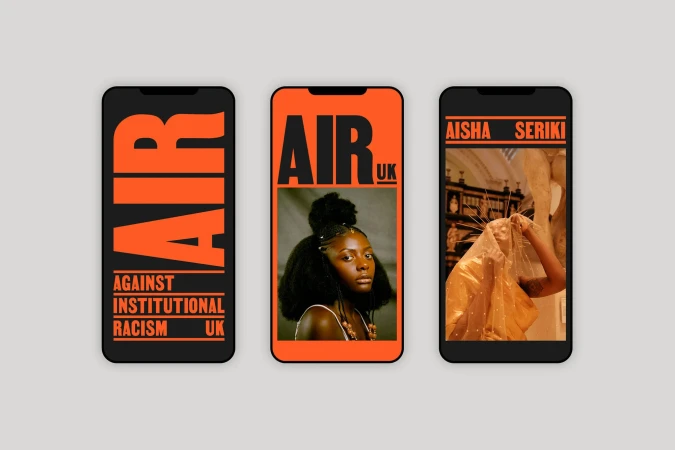 Three phone screens display digital art with bold orange text and images of a woman in a portrait and veiled sculpture.