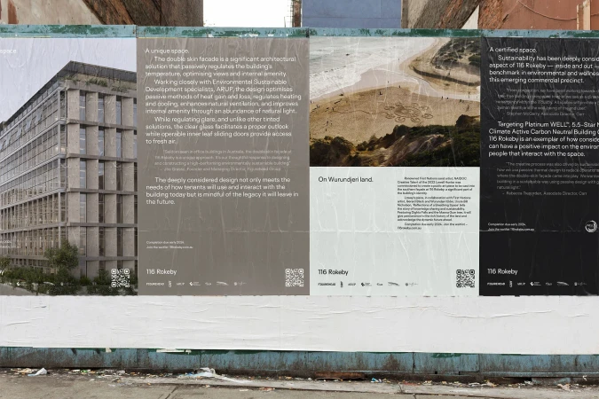 Architectural billboards display building facade and construction details in an urban setting, highlighting sustainable design elements.