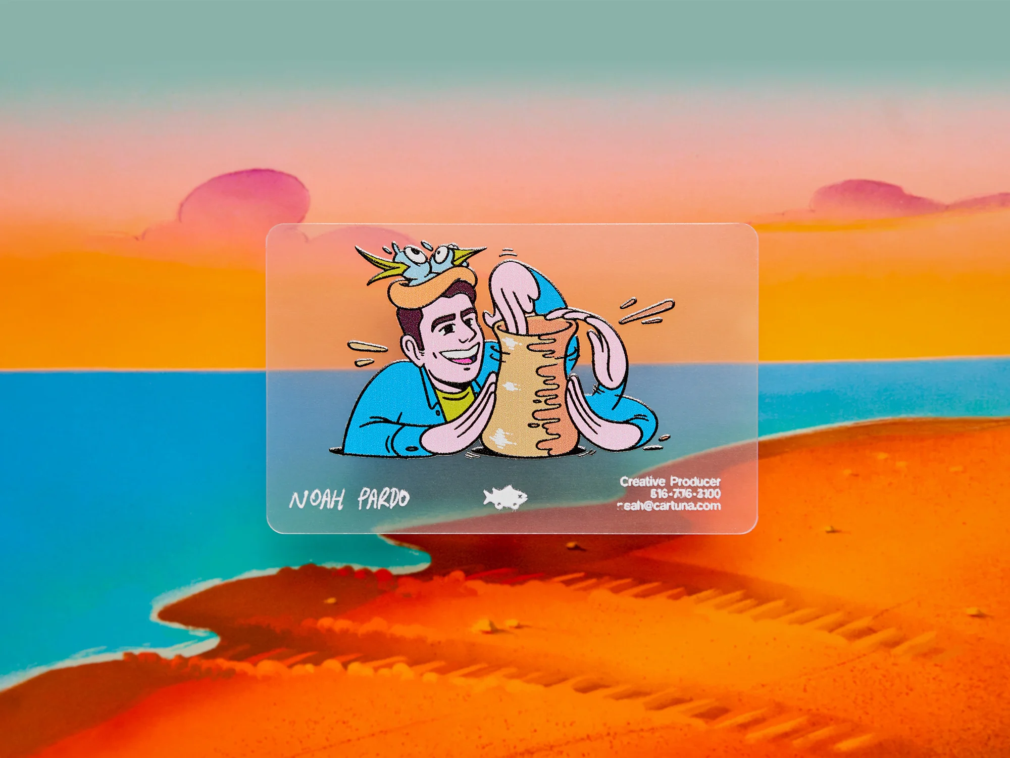Cartoon illustration on a transparent business card featuring a smiling man with a fish hat holding a jar, set against a whimsical landscape.