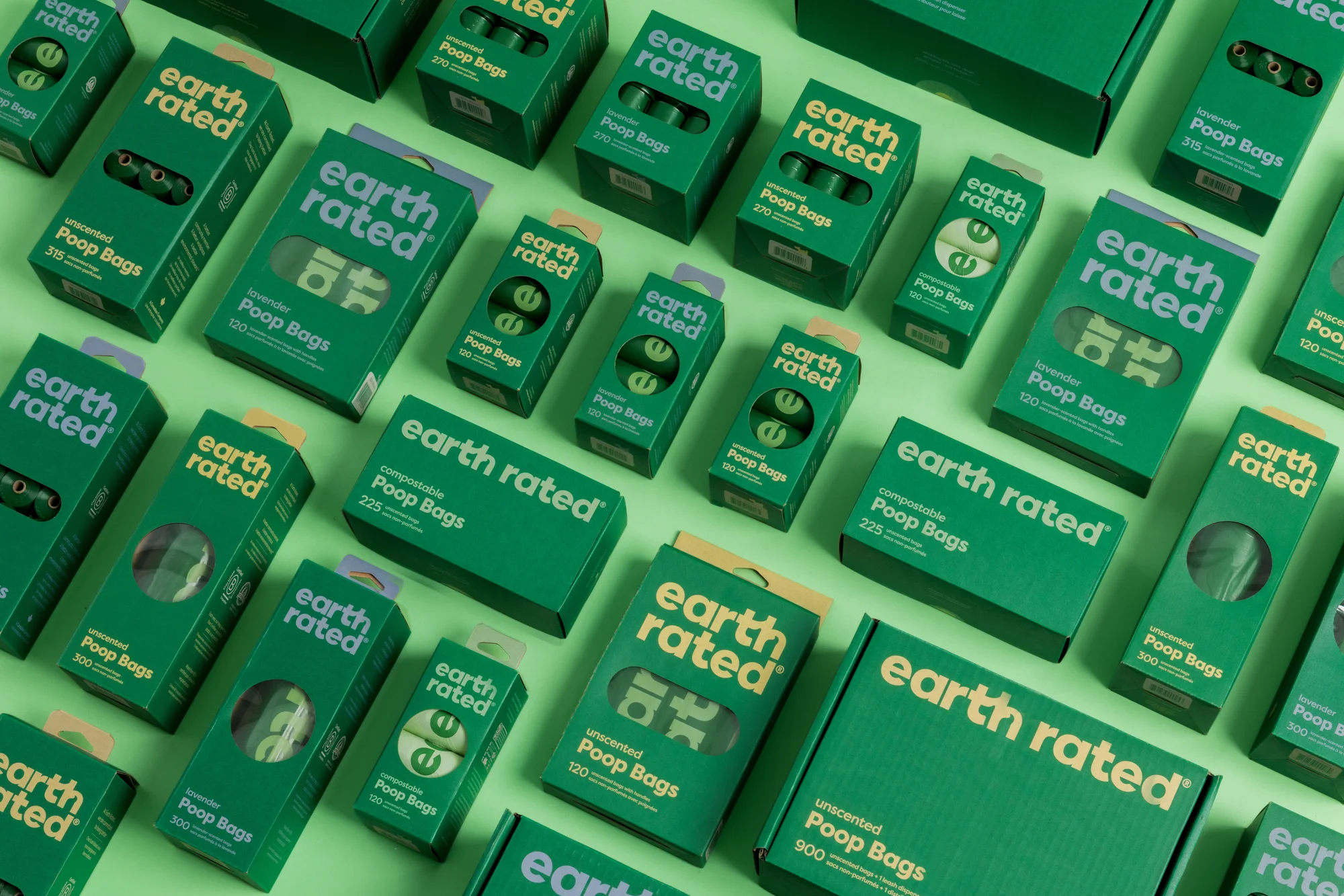 Overhead shot of Earth Rated brand compostable dog waste bags of various sizes, arranged on a light green surface.