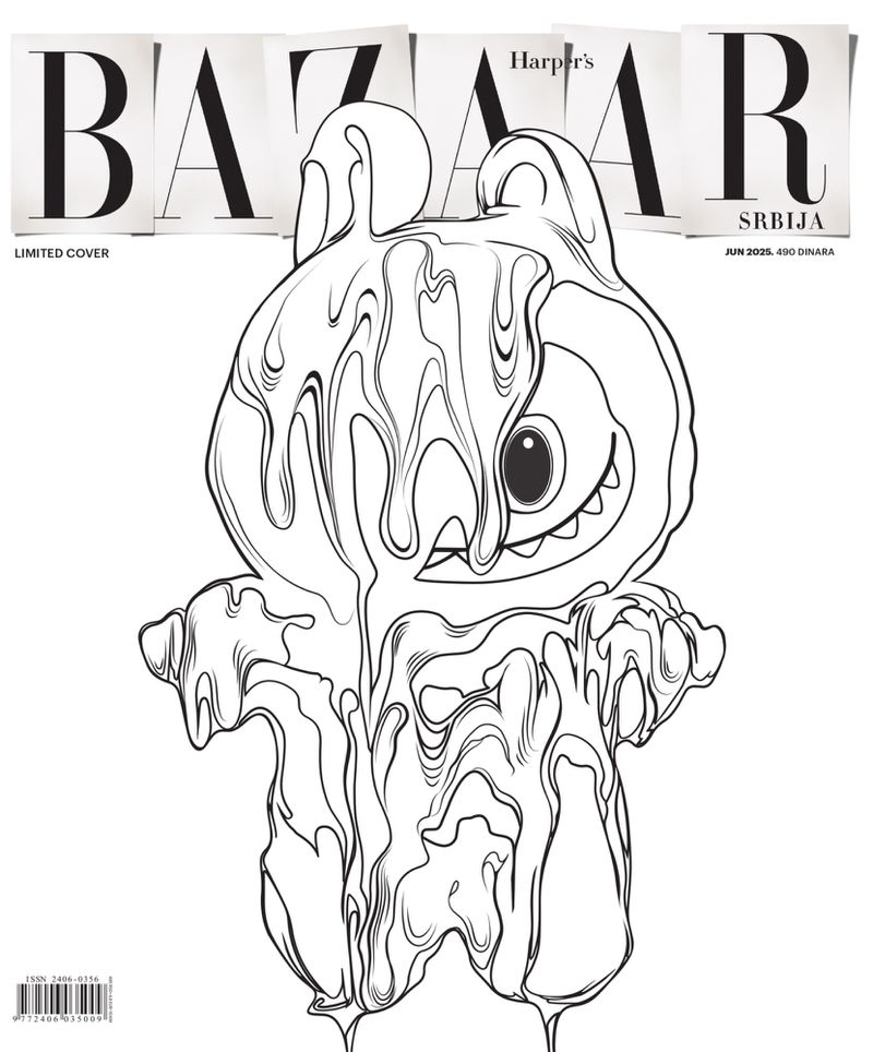 Harper's Bazaar cover featuring a line art illustration of a dripping cartoon bear character. Black and white magazine cover art.