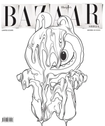 Black and white line art illustration of a stylized character on a magazine cover for Harper's Bazaar Serbia.