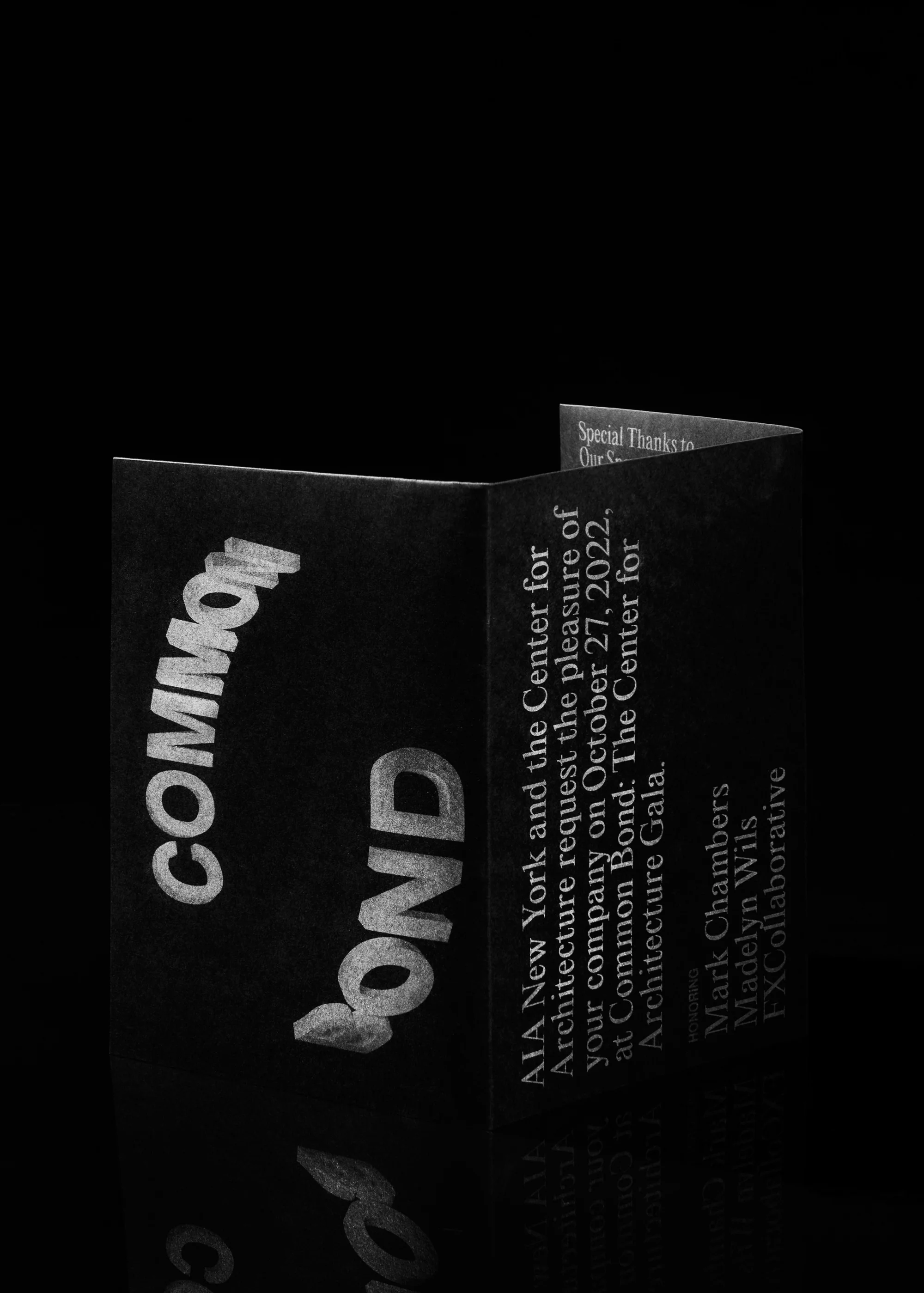 Promotional material for 'Common Bond: The Center for Architecture Gala' features typography and event details on dark surfaces.