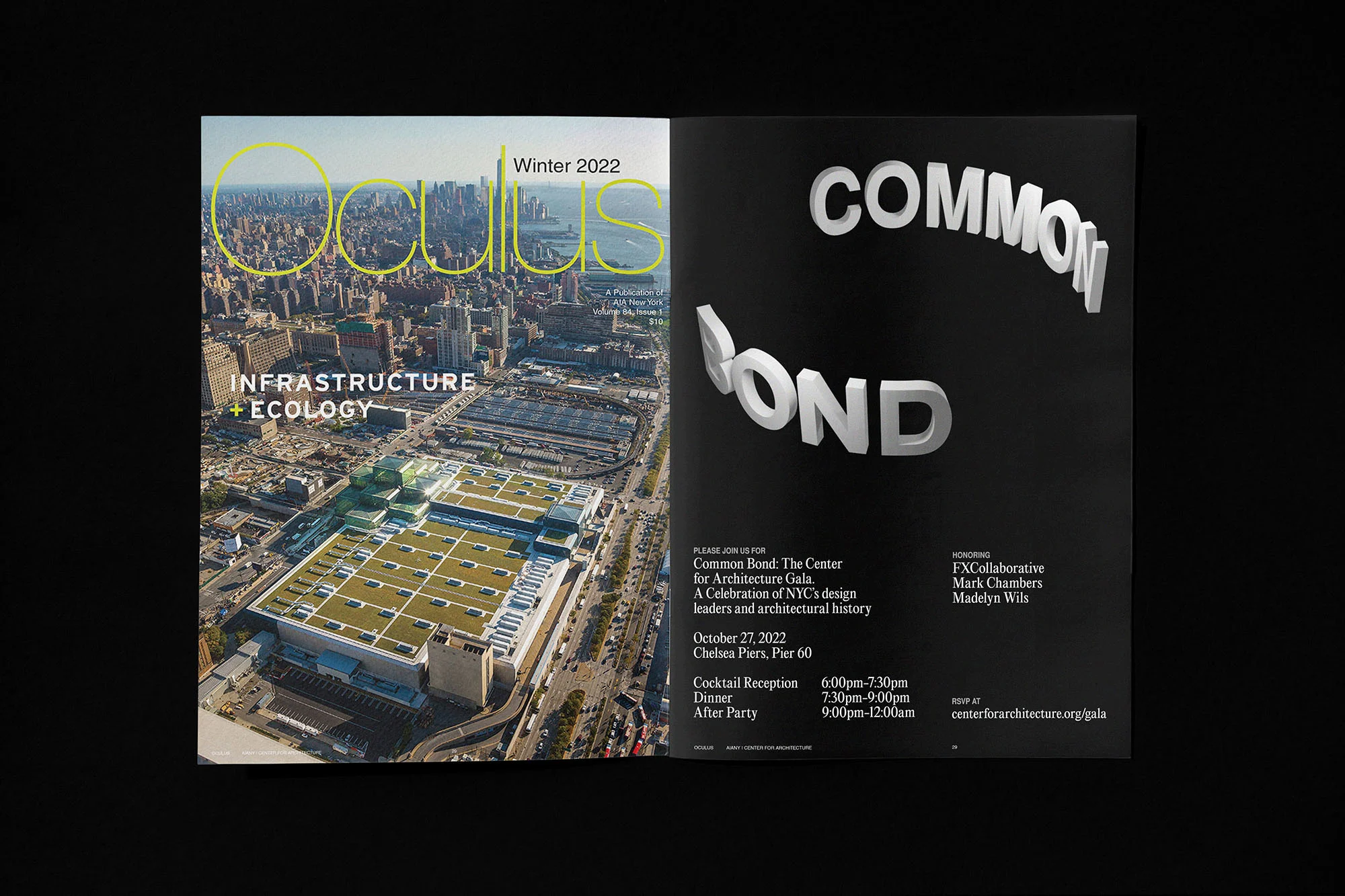 Two-page magazine spread featuring a cityscape and event invitation with the words "Common Bond" in 3D lettering.