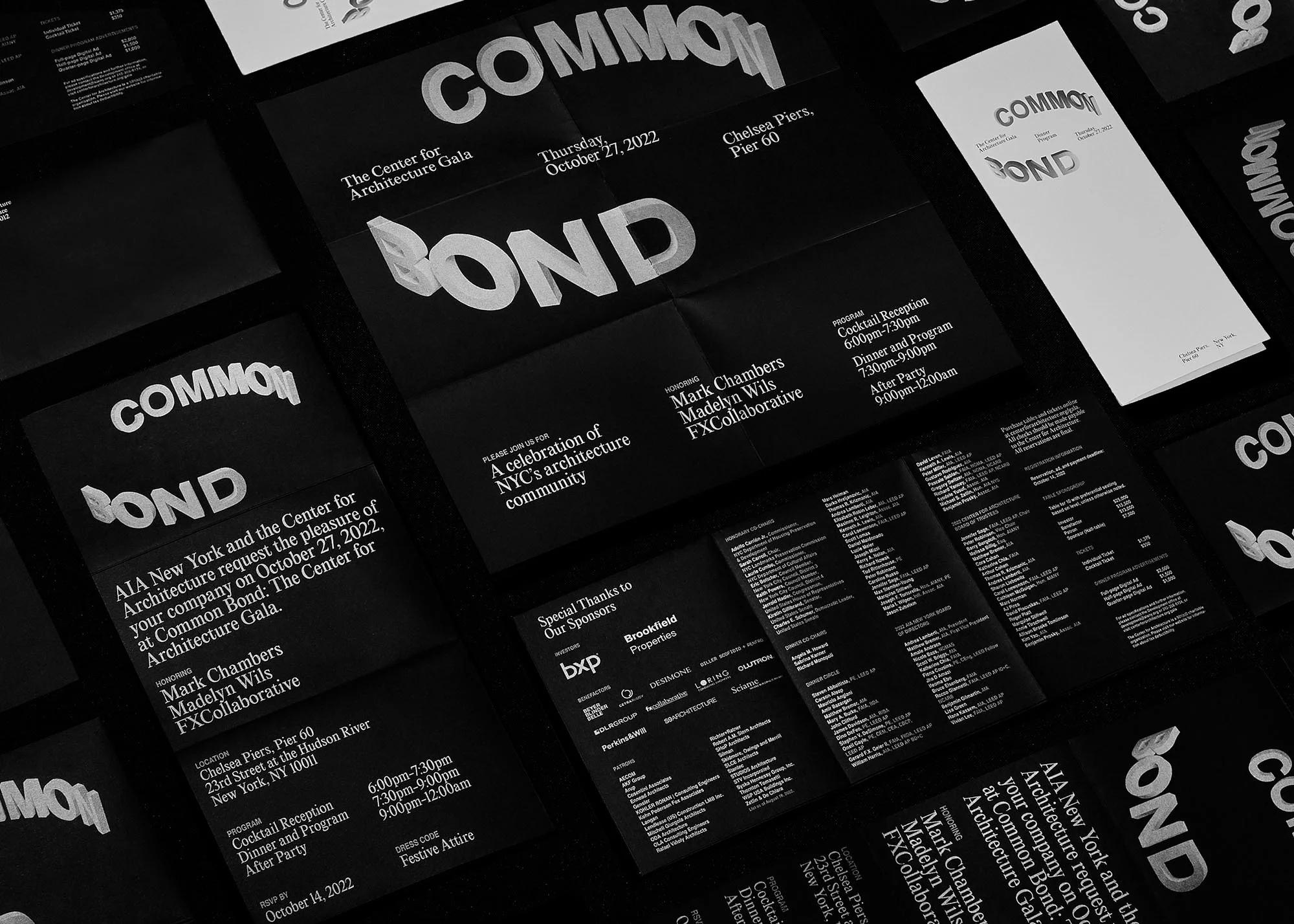 Promotional flyers for 'Common Bond: The Center for Architecture Gala' featuring event details, sponsors, and logistical information.