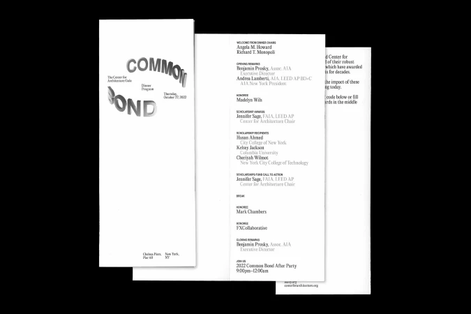 Three white printed programs titled 'Common Bond' detailing an architecture gala dinner program for the Center for Architecture.