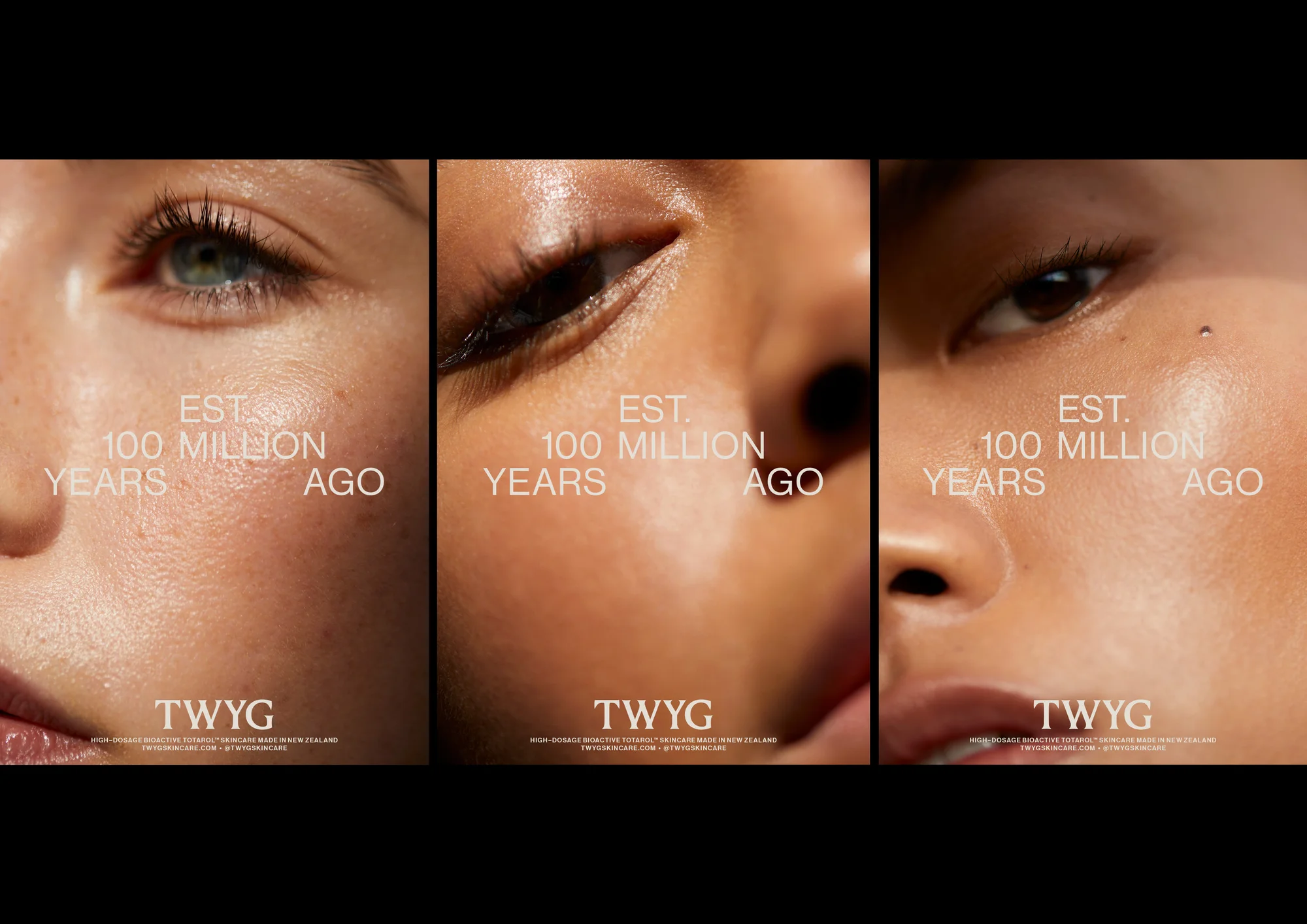 Three close-up portraits of fair-skinned women against a dark background showcase skincare, emphasizing skin texture and natural beauty.
