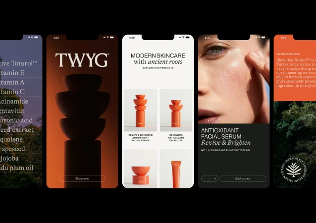Screenshots of a skincare brand's app interface showing product ingredients, product stacks, close-up face and brand sustainability claims.