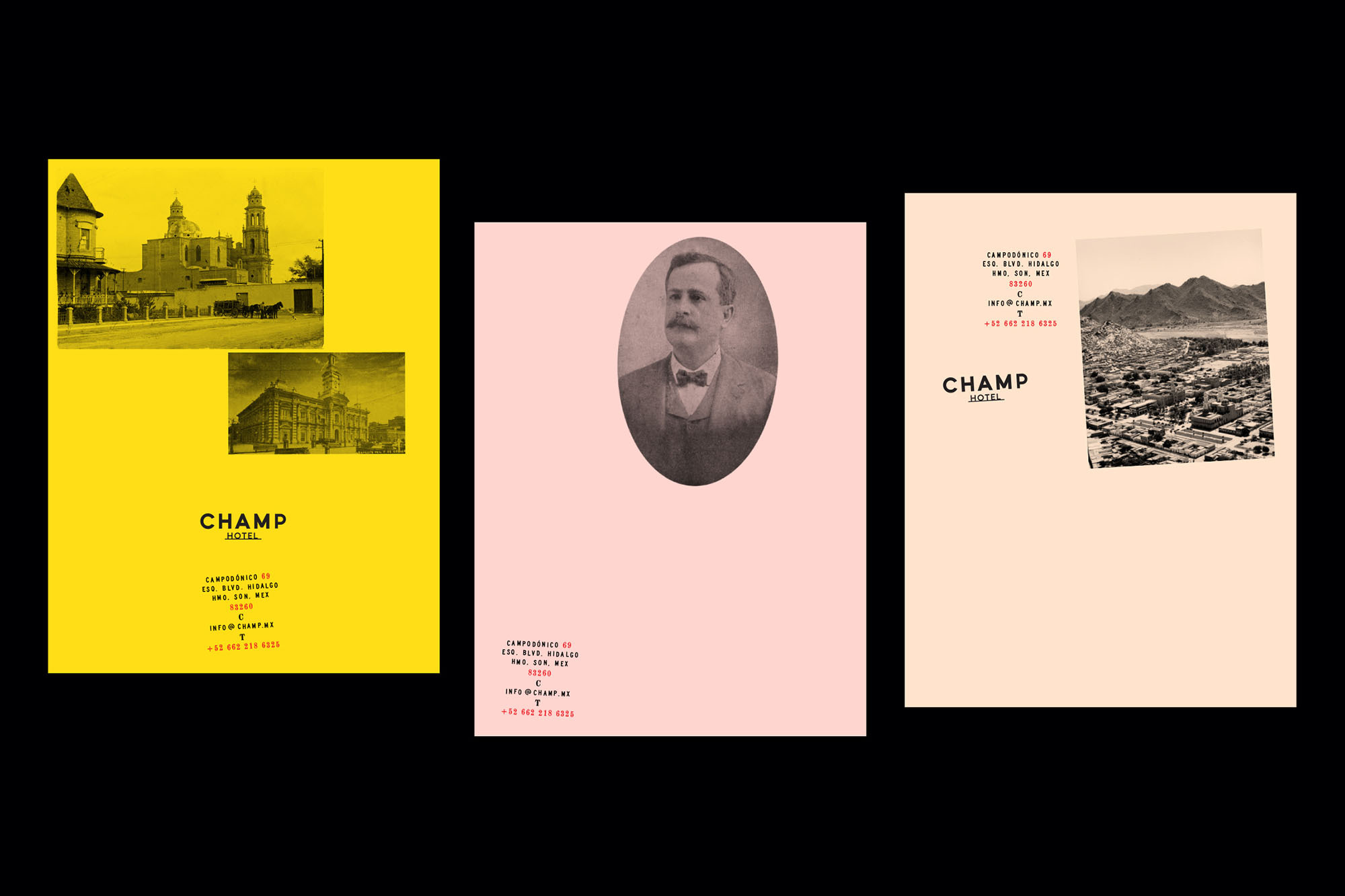 Three Champ Hotel posters on a black background: one yellow with a sepia town image, one pink with a portrait, and one peach with a city view.