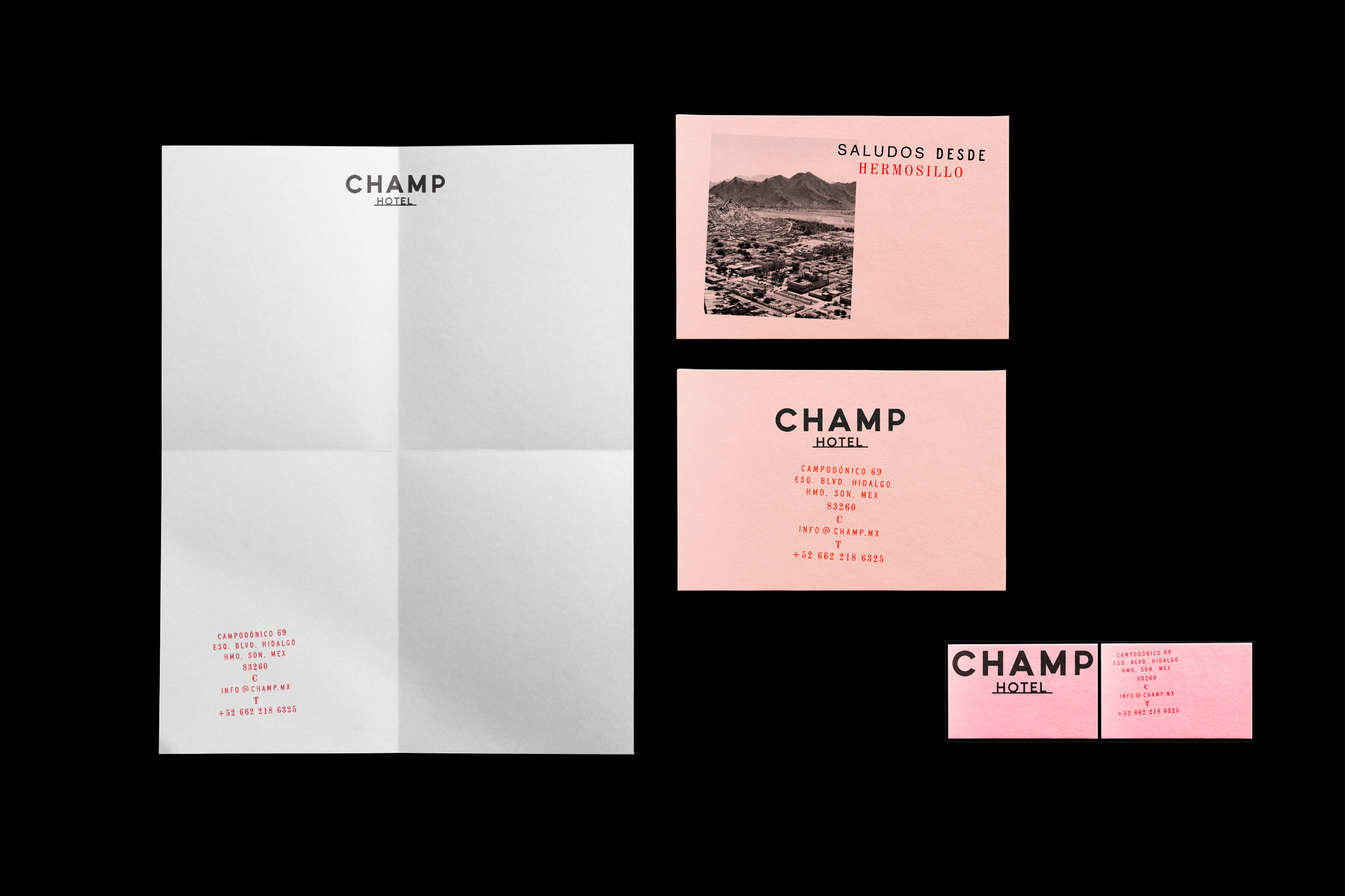 Hotel branding materials feature letterhead, city view card, and business cards with a cohesive design, predominantly in white and pink tones.