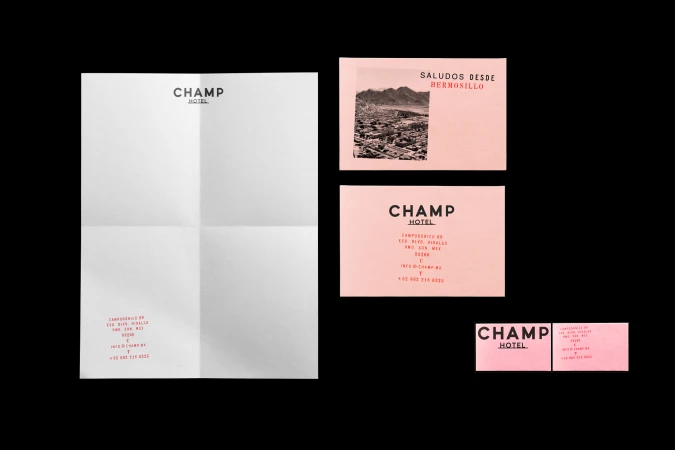 Hotel branding materials feature letterhead, city view card, and business cards with a cohesive design, predominantly in white and pink tones.