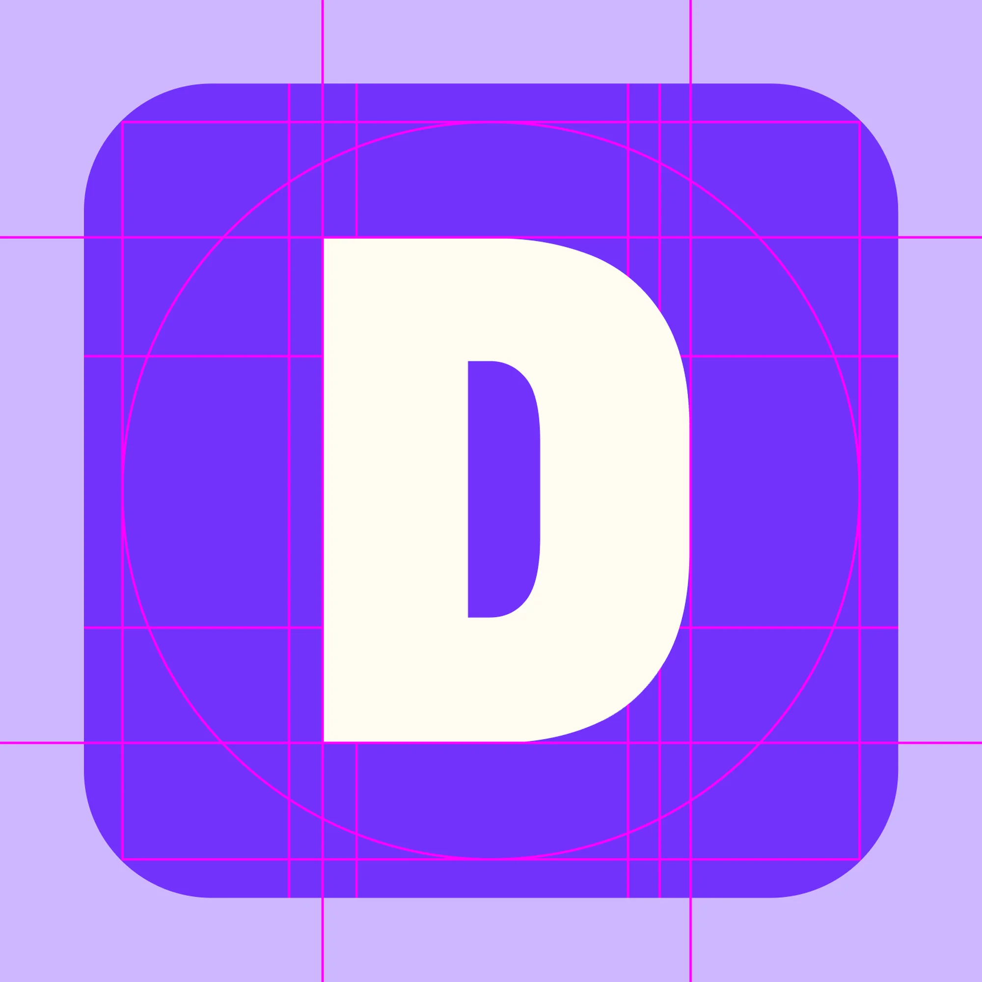 Graphic design featuring a bold white letter D against a purple rounded square, set on a light purple geometric grid background.