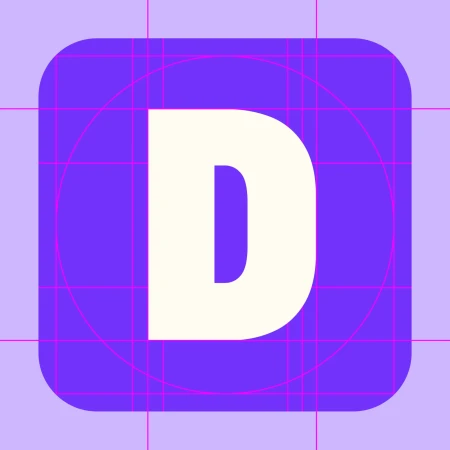 Graphic design featuring a bold white letter D against a purple rounded square, set on a light purple geometric grid background.
