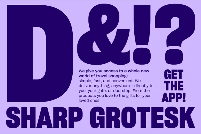 Graphic ad with purple font on light purple background: 'D&!?' 'We give you access to a whole new world of travel shopping.'
