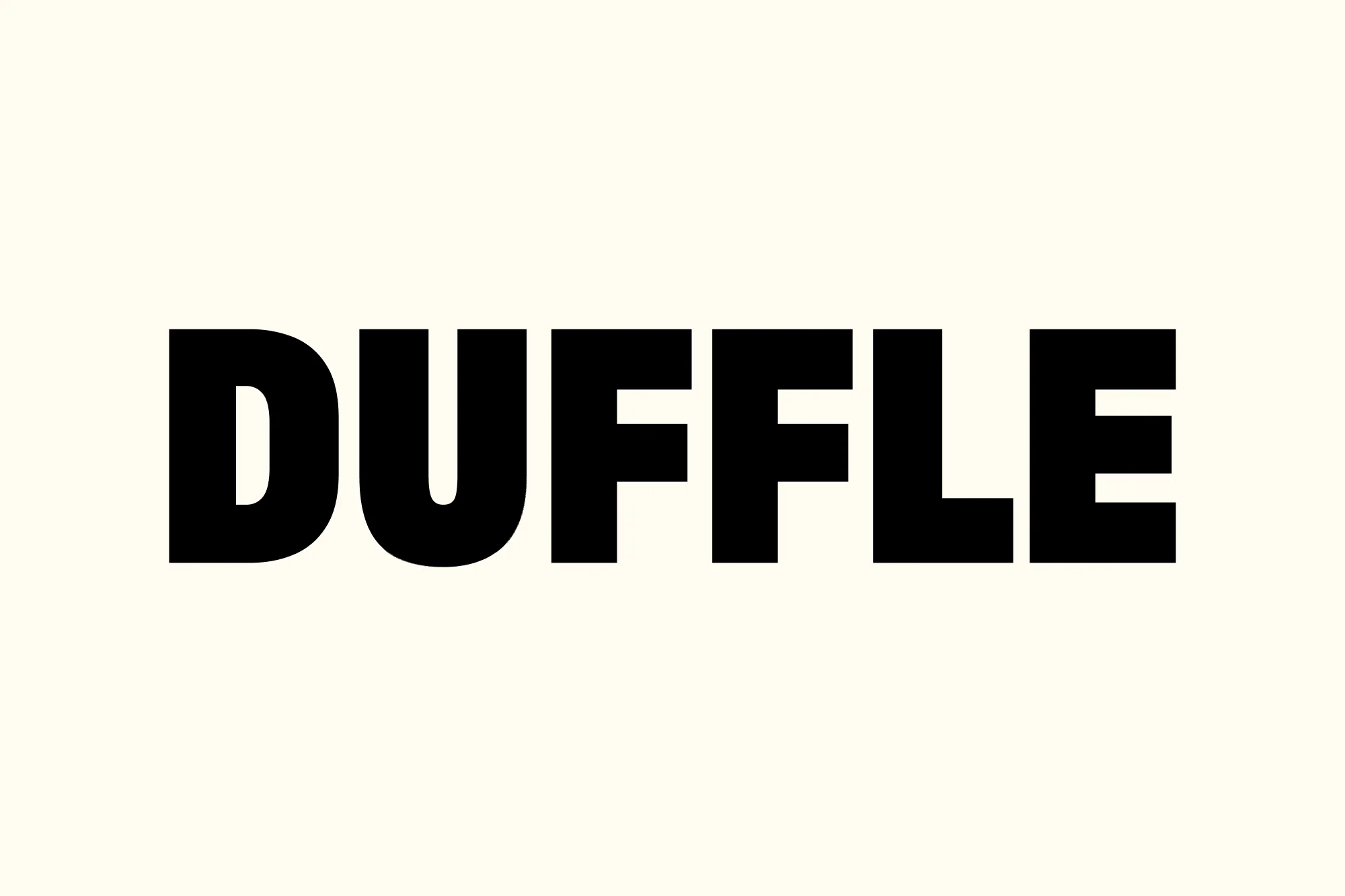 Bold, black sans-serif typography of the word “DUFFLE” centered against a light beige background in a stark, graphic design.