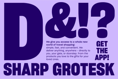 Bold purple typography featuring large letters and promotional body copy against a light purple background