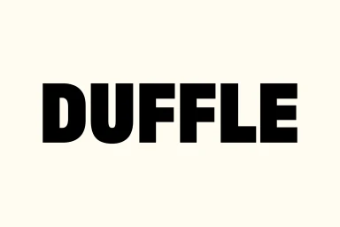 Bold black typography spelling Duffle centered against an off-white background