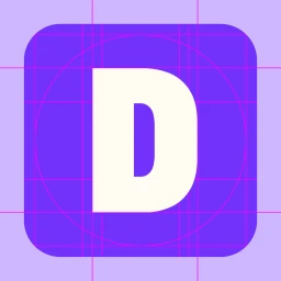Purple graphic design branding asset featuring a bold white letter D inside a rounded square with pink alignment grid lines