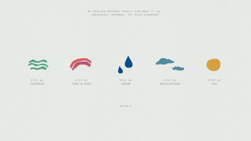 Illustration of skincare routine steps: cleanser, tone & prep, serum, moisturizer, and oil, presented as abstract shapes and text.