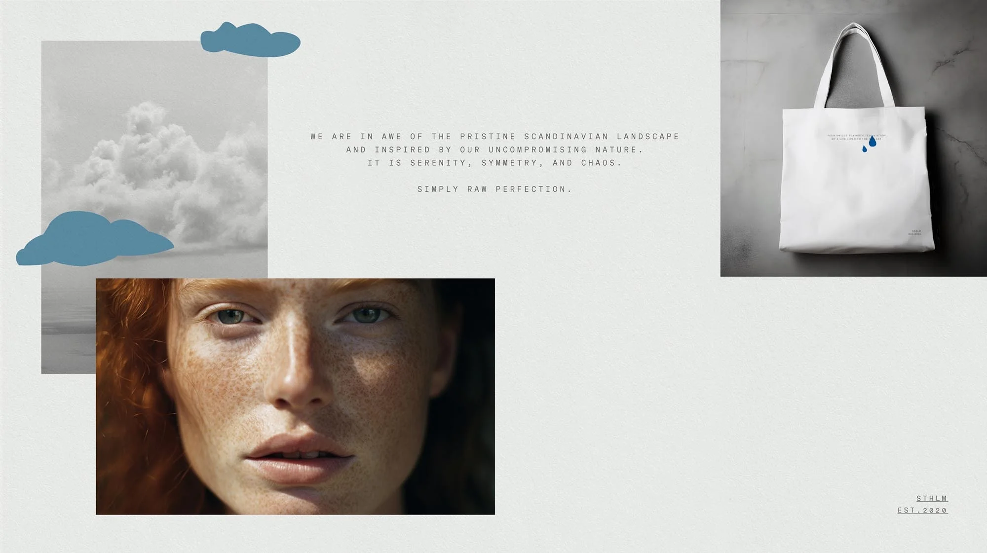 Image features a red-haired model, cloudscape, and minimalist tote bag, combined with text elements in a visually cohesive layout.