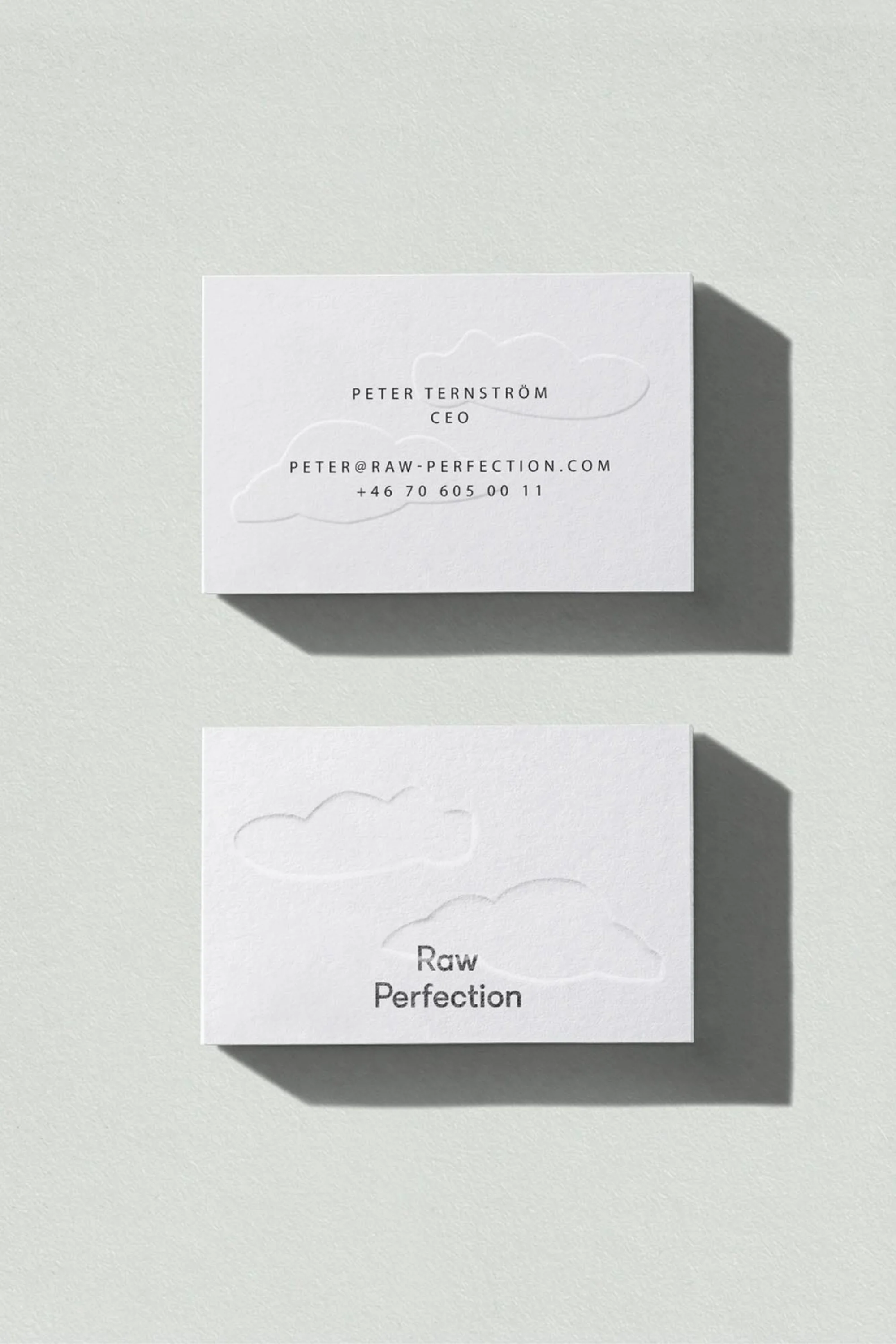 Two white business cards are stacked, featuring embossed cloud designs and simple text against a plain, light background in a studio setting.