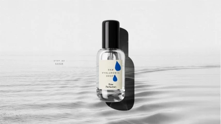 A clear glass serum bottle with a black cap and cream label featuring blue water drop graphics, positioned over a rippled water background