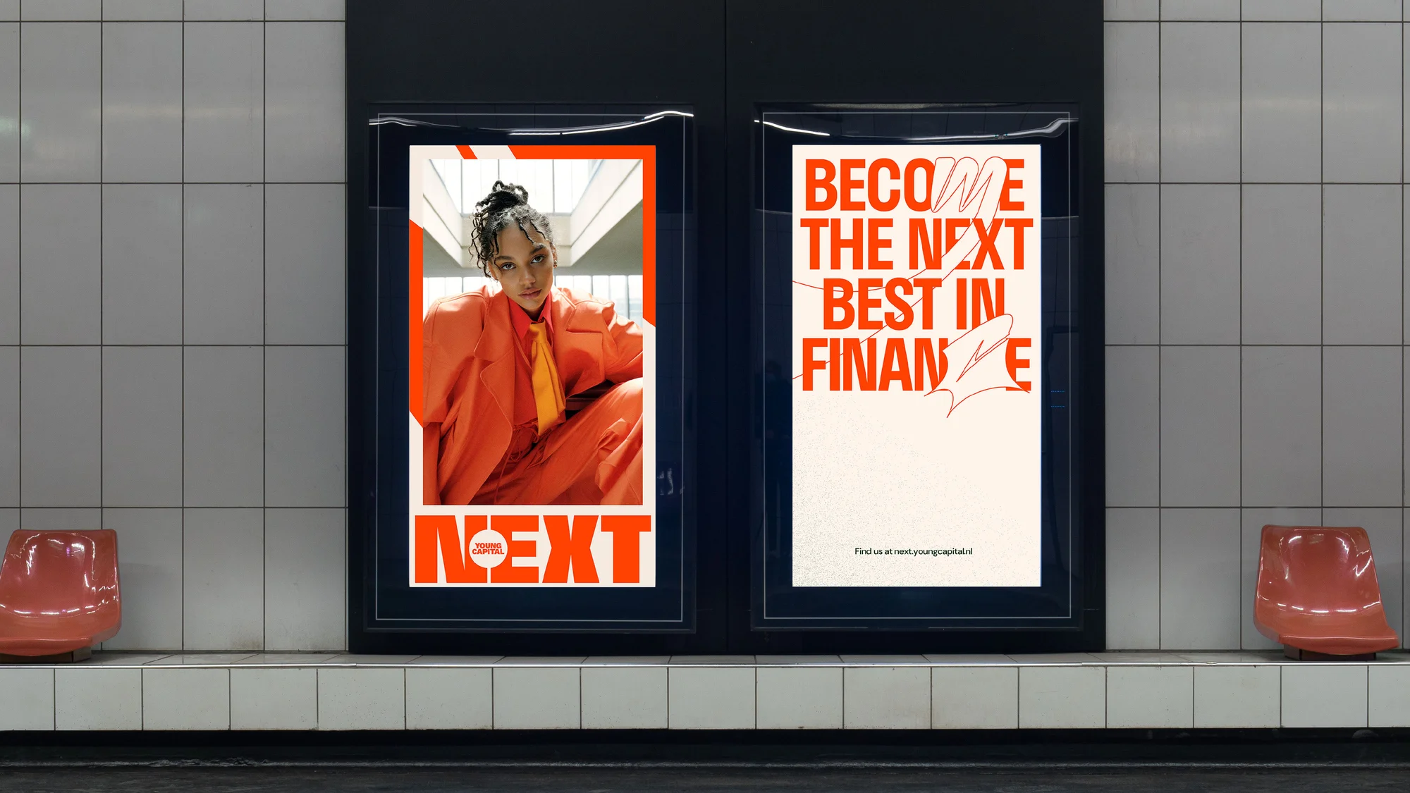 Advertisement in an urban subway featuring a model in an orange suit on the left, and finance text on the right.