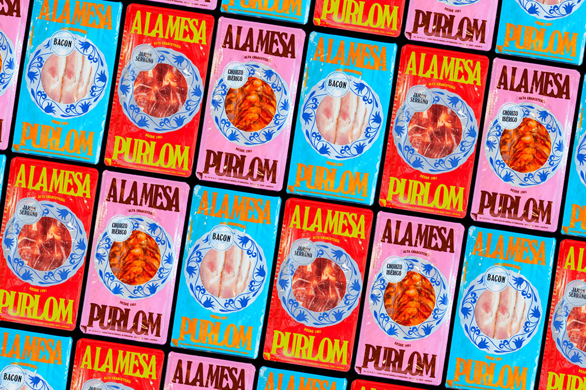 Overhead shot of neatly arranged variety of colorful Alamesa Purloin packages featuring cured meat, set against a dark background.
