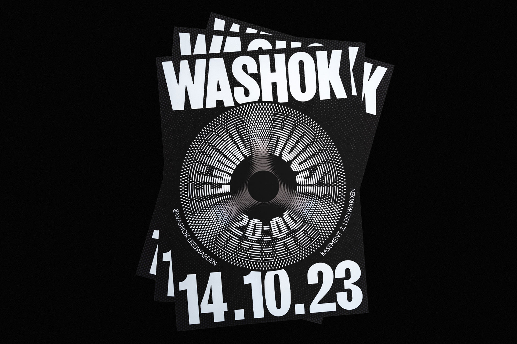 Black and white poster design with a radial pattern, featuring the name WASHOK and the date 14.10.23, against a dark backdrop.