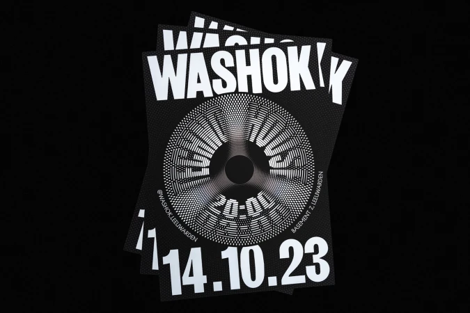 Black and white poster design with a radial pattern, featuring the name WASHOK and the date 14.10.23, against a dark backdrop.