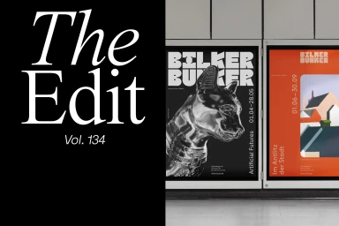 Graphic design branding display with large serif typography reading The Edit Vol. 134 next to Bilker Bunker exhibition posters