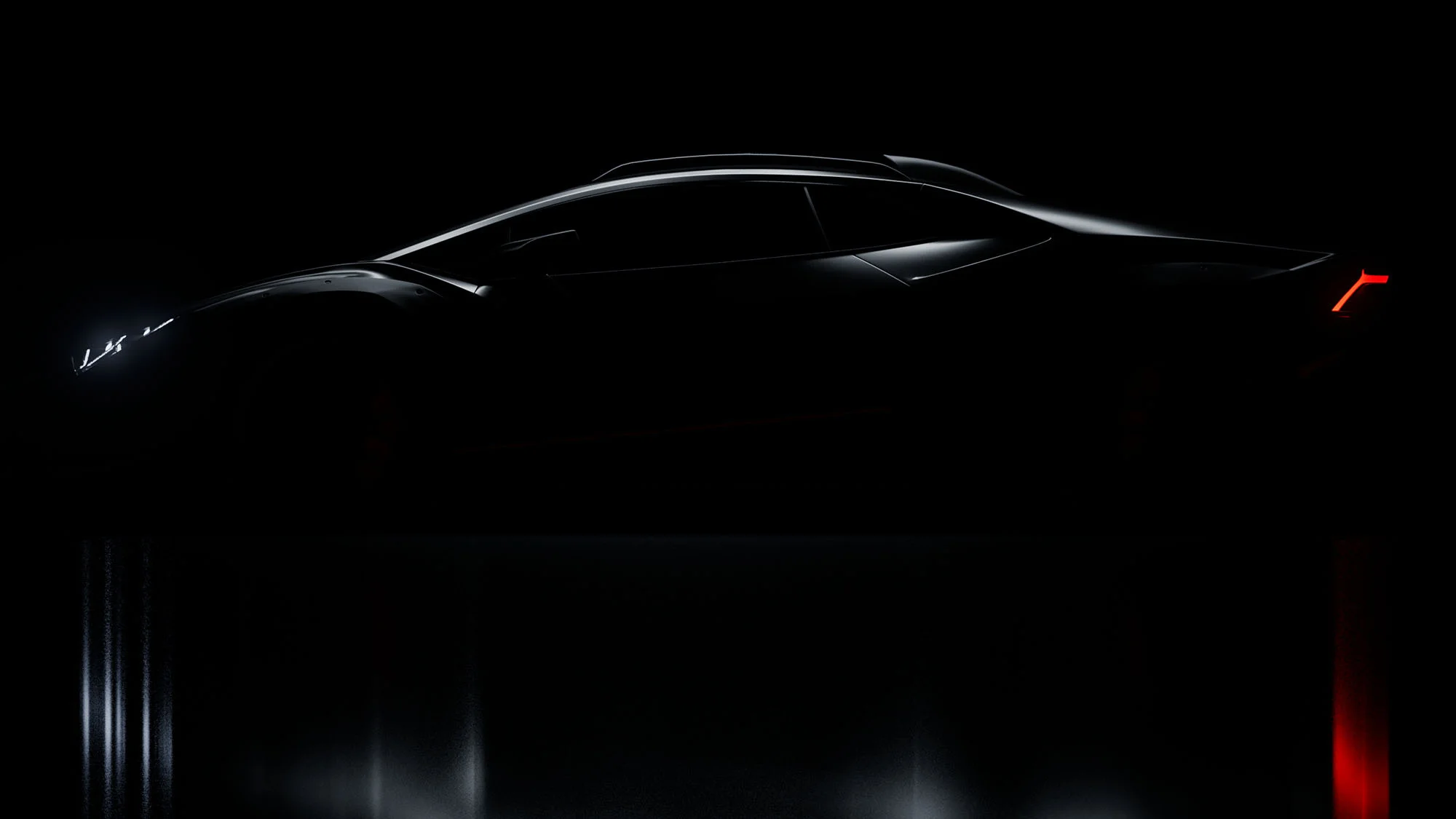 Sleek sports car silhouetted against a black background, with subtle lighting highlighting its aerodynamic design and modern aesthetic.