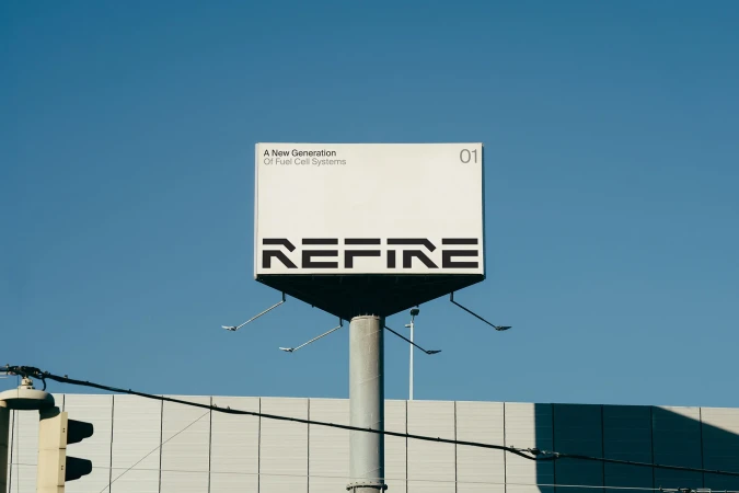 Billboard on a pole against blue sky with the Refire logo and text: A New Generation Of Fuel Cell Systems 01, sunny day outdoor.