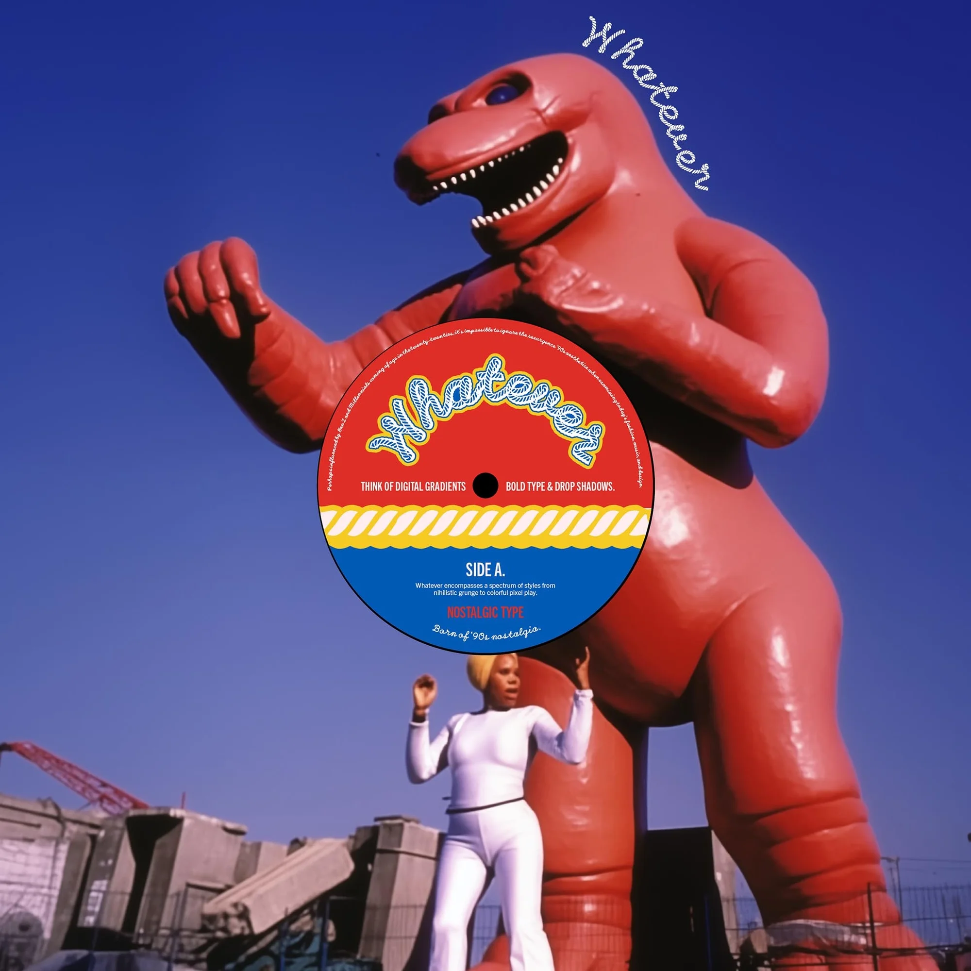 Woman poses with a red dinosaur statue and oversized vinyl record under a clear blue sky. Outdoor shot with construction in background.