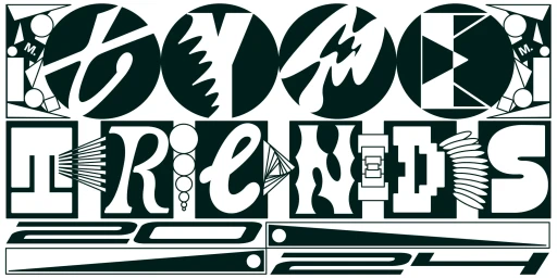 Monochrome typography poster featuring bold experimental letterforms spelling type trends 2024