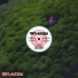 A person's face peeks from a textured green moss formation next to a round white vinyl record label with text and a lion illustration.