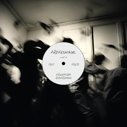 Monochrome image of blurred figures moving rapidly indoors with a centered round label reading PROFESHINAL VOL 2.