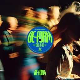 Motion blurred figures in a crowd surrounding a bright blue and lime green circular record label graphic for De-Form Recordings