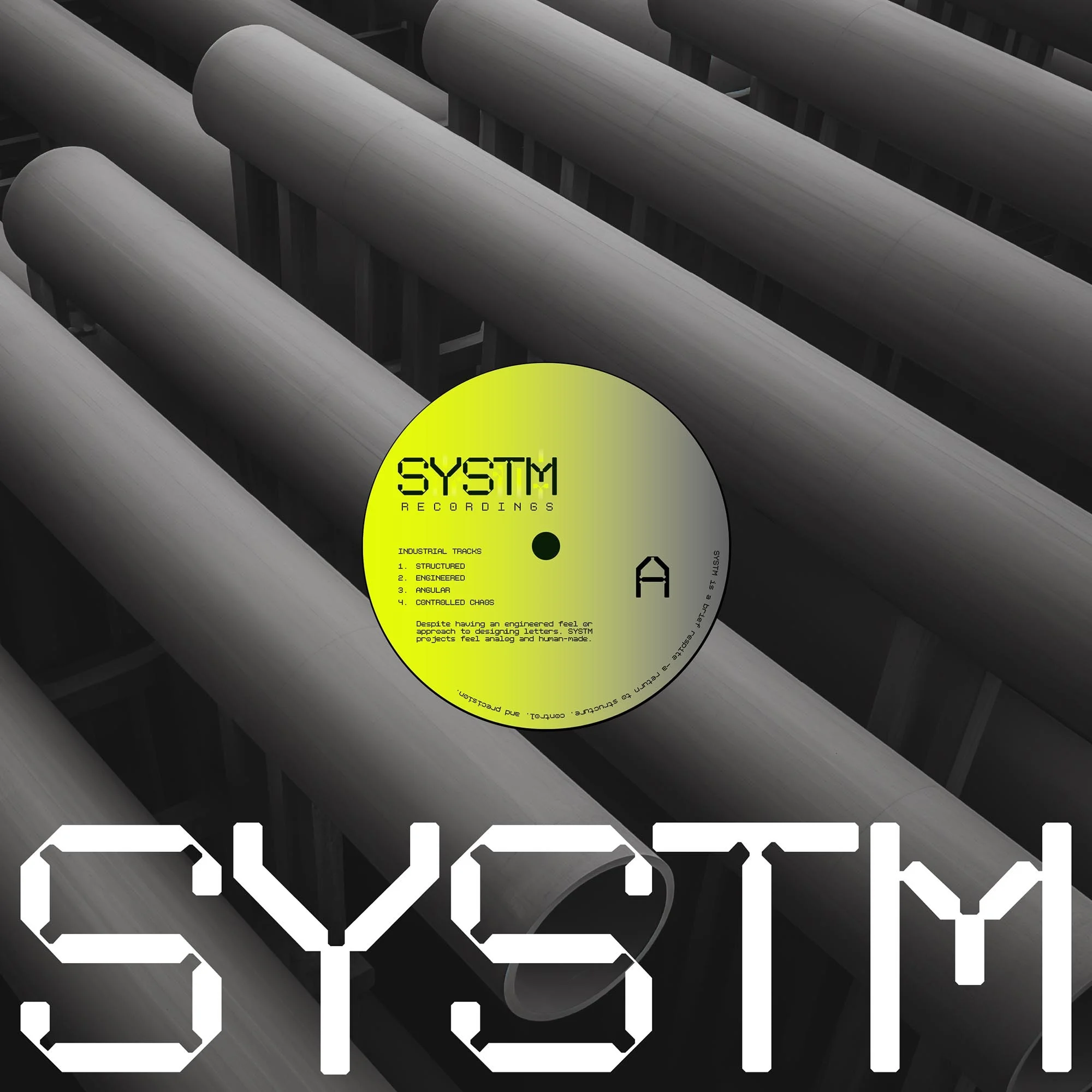 Monotype brand identity image featuring a circular vinyl record label set against an industrial background of grey pipes