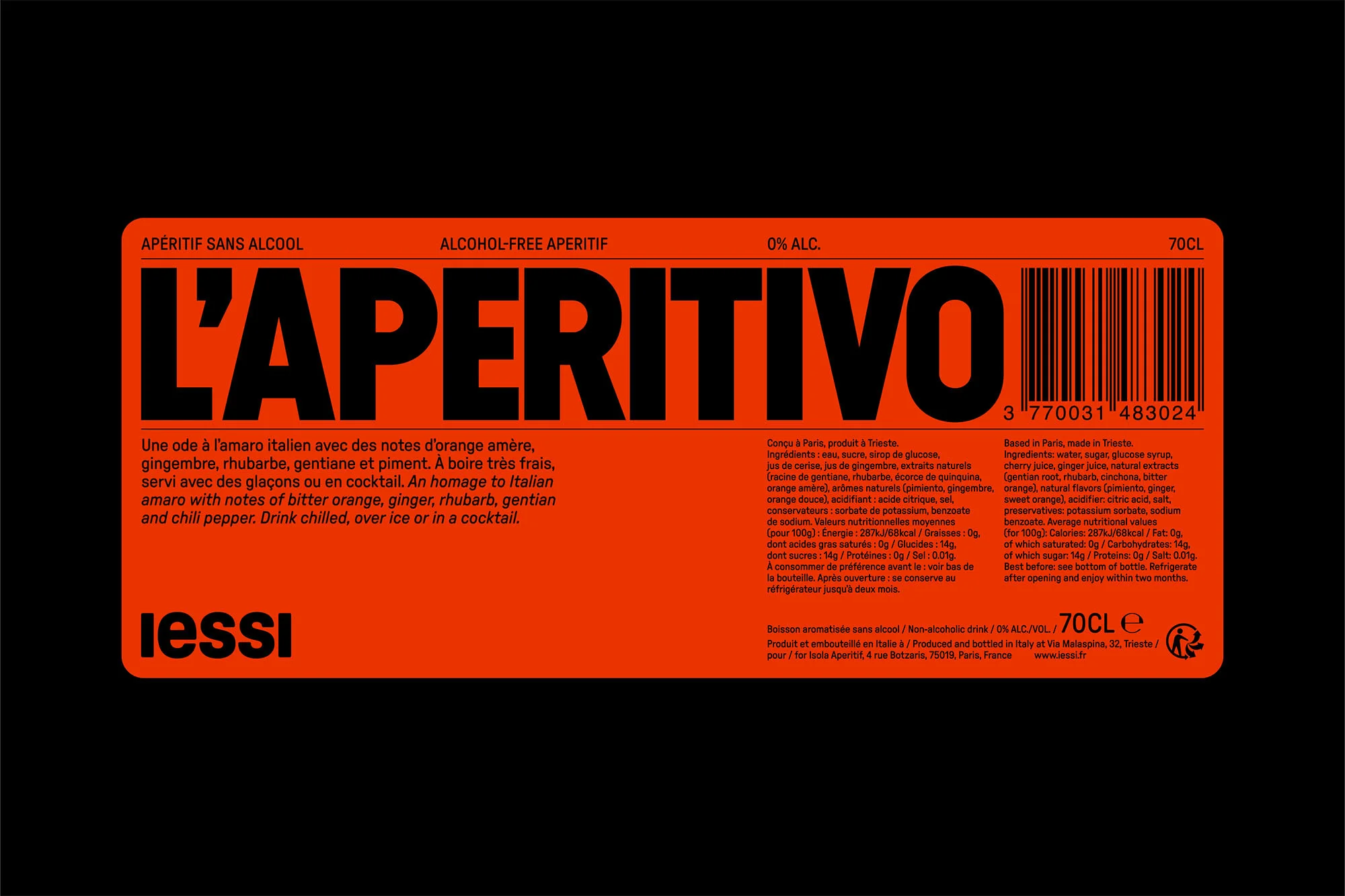 L'Aperitivo label on an orange bottle with black text; the image features the product name, ingredients, and barcode on a black background.