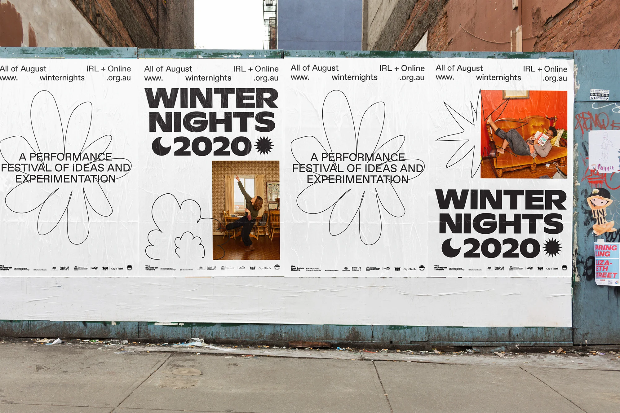 Street posters of the Winter Nights 2020 festival, featuring stylized flower designs and photographic imagery of people indoors.