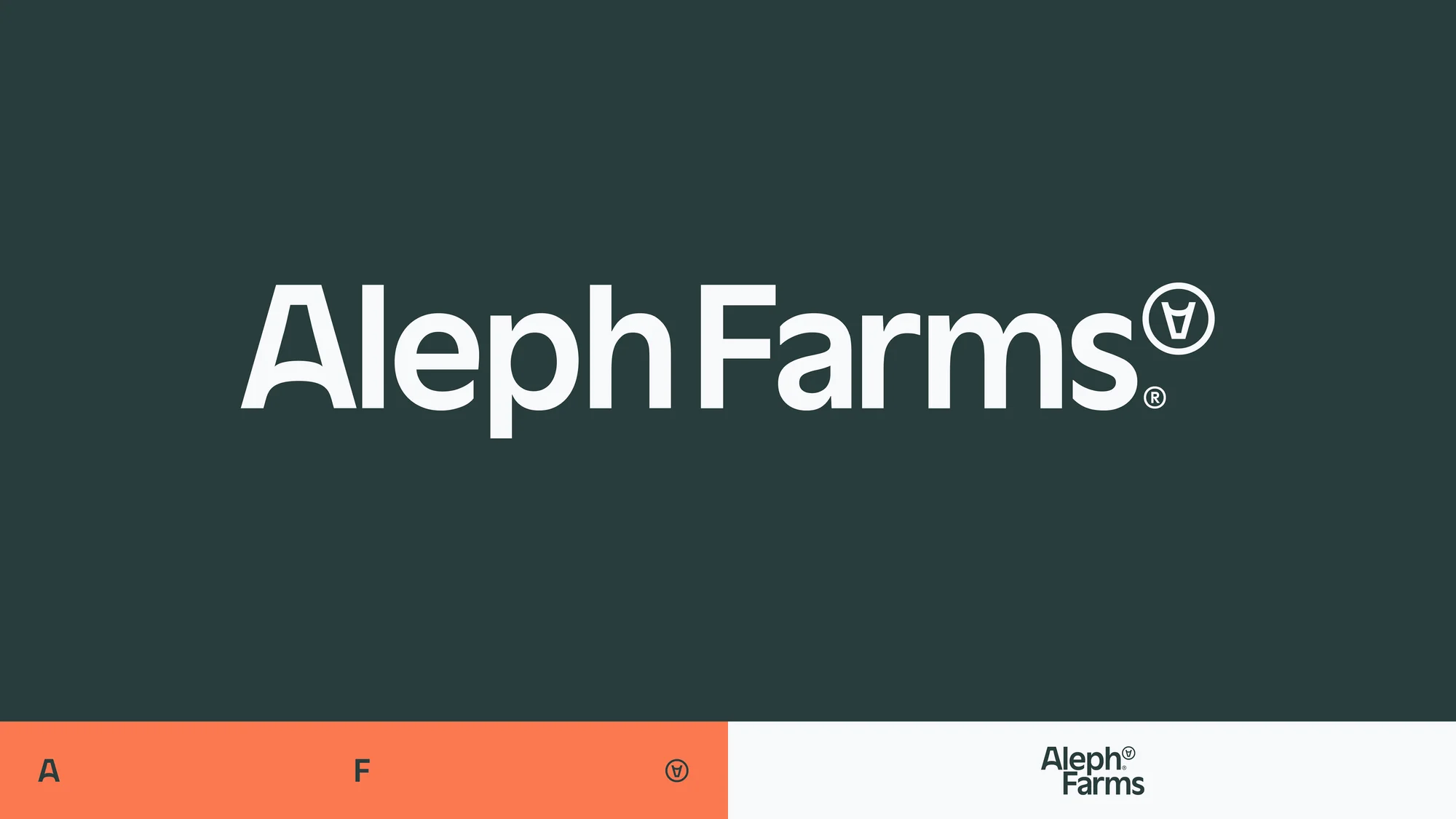 Aleph Farms logo set against a dark gray backdrop with a white, gray, and coral accent bar at the bottom of the frame.