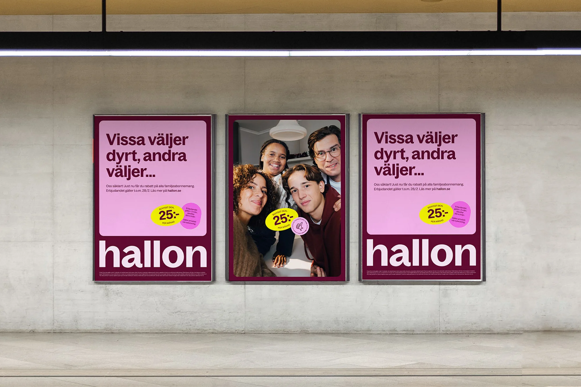 Three advertising posters in a public space feature diverse young adults. The advertisement includes pink backgrounds and white text.