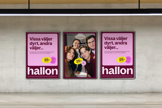Three advertising posters in a public space feature diverse young adults. The advertisement includes pink backgrounds and white text.