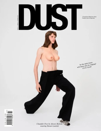 Magazine cover featuring a topless adult female with wide-leg black pants against a white background with 'DUST' in bold text at the top.