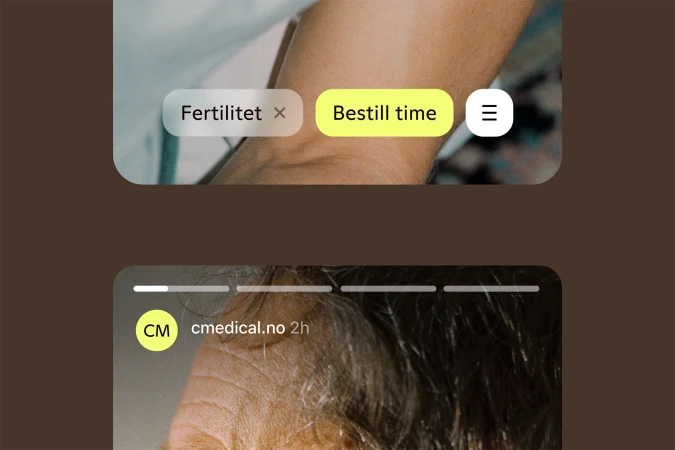 Screenshot of a webpage with text buttons labeled 'Fertilitet' and 'Bestill time' at top; elderly man's face and 'cmedical.no' below.