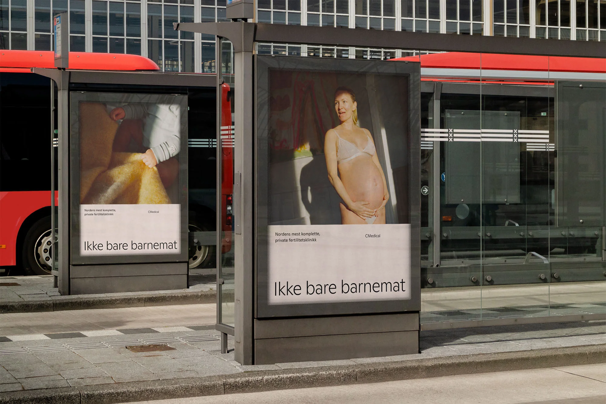 Advertisement featuring a pregnant woman in lingerie at a bus stop, promoting a fertility clinic; red bus and city building in background.
