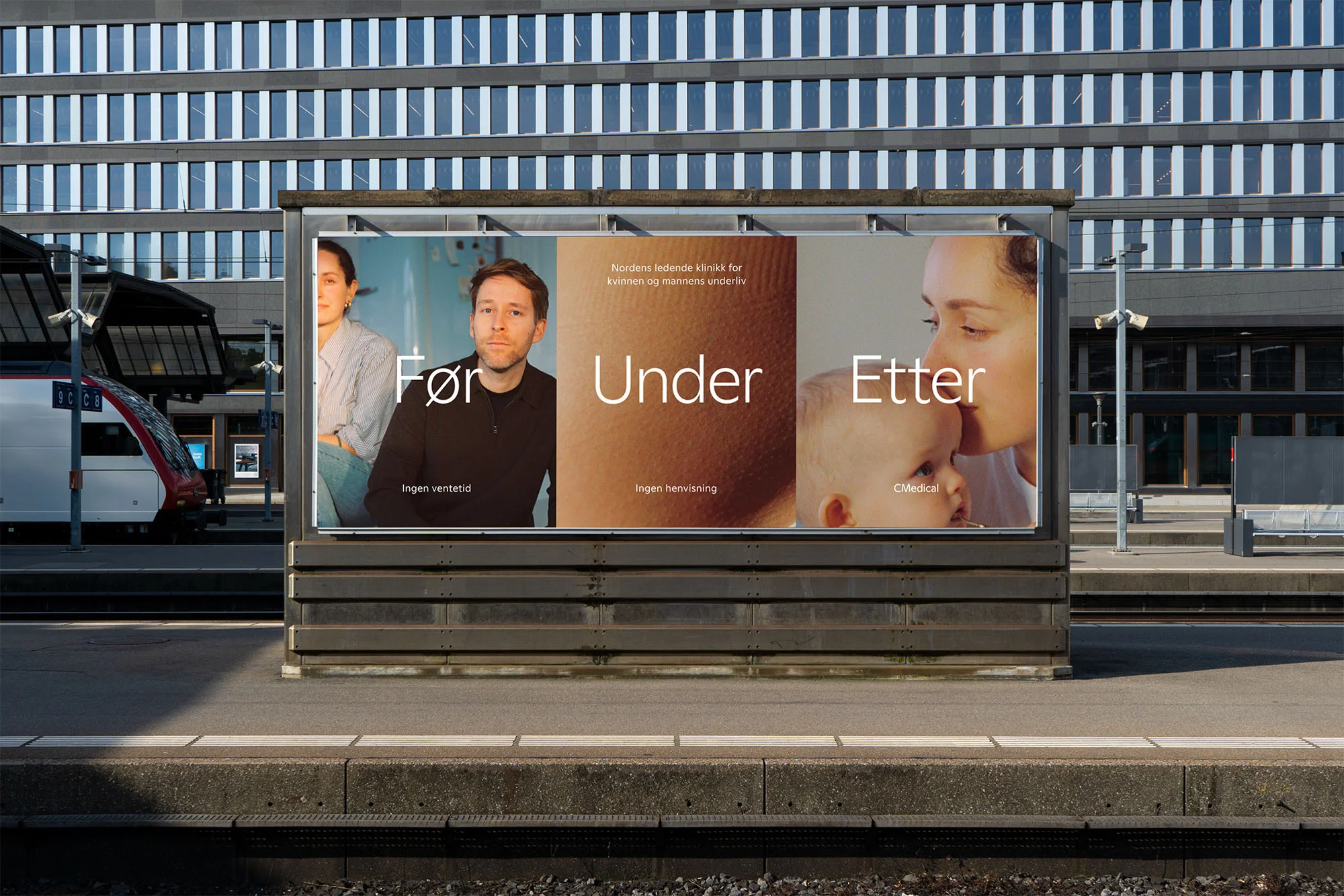 Billboard advertisement at a train station featuring images of an adult man, woman, and baby, promoting medical services.