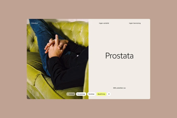 Man rests on a green couch in a medical advertisement, promoting urology, gynecology, and fertility services, with text highlighting 'Prostata'.